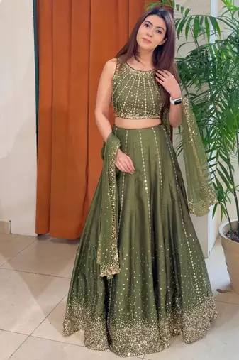 green silk blend embroidered lehenga choli