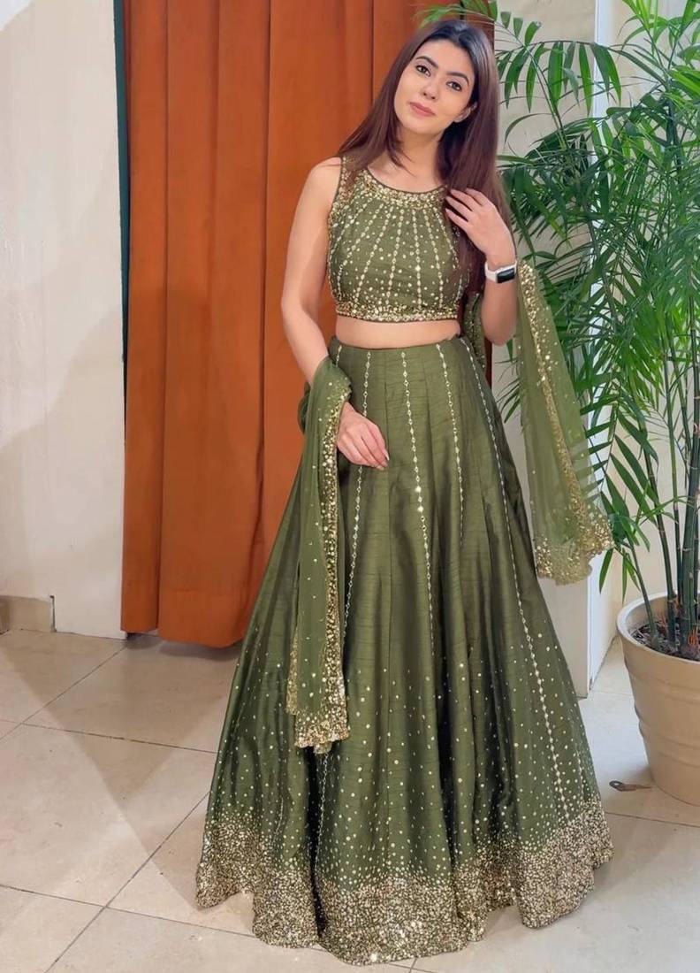 green silk blend embroidered lehenga choli