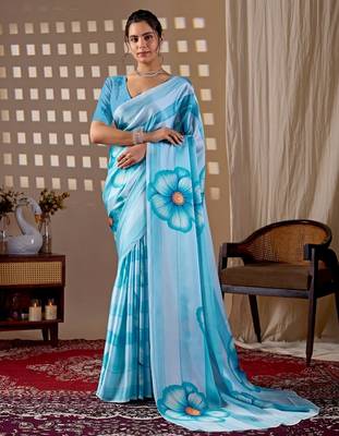 Elegant Sky Blue Floral Printed Saree 1