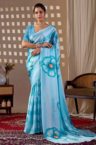 Elegant Sky Blue Floral Printed Saree
