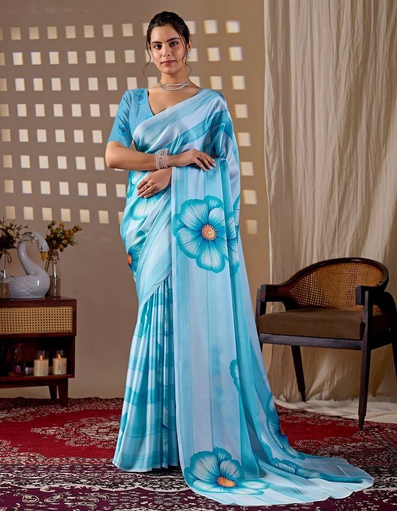 Elegant Sky Blue Floral Printed Saree