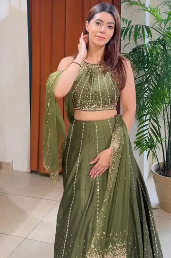 green silk blend embroidered lehenga choli