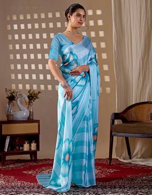 Elegant Sky Blue Floral Printed Saree 2