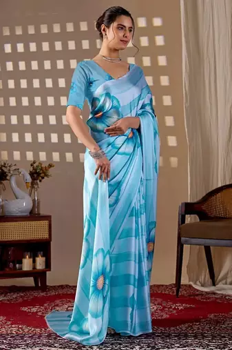 Elegant Sky Blue Floral Printed Saree
