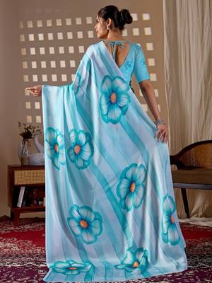 Elegant Sky Blue Floral Printed Saree 3