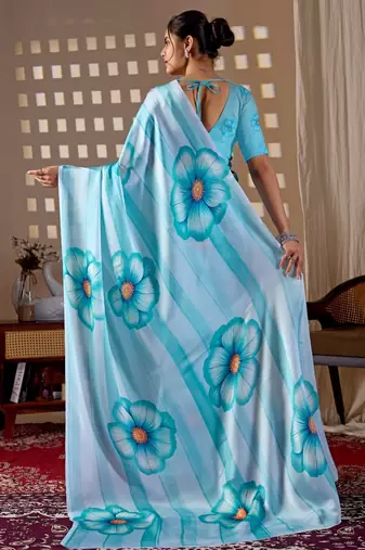 Elegant Sky Blue Floral Printed Saree