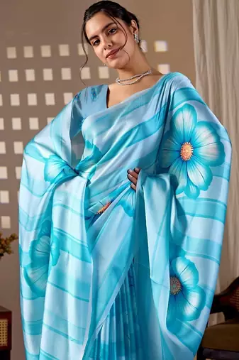Elegant Sky Blue Floral Printed Saree
