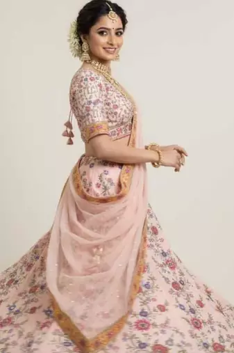 peach silk blend printed lehenga choli