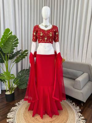 red georgette plain lehenga choli 2