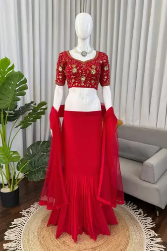 red georgette plain lehenga choli