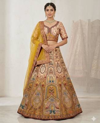 yellow silk blend printed lehenga choli 1