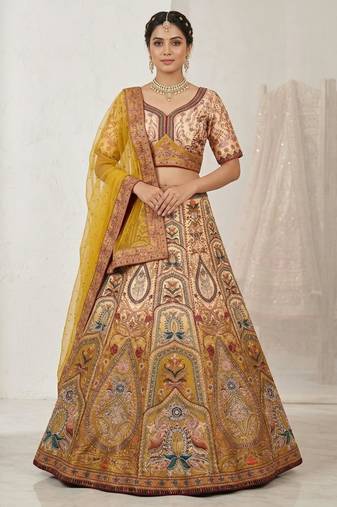 yellow silk blend printed lehenga choli