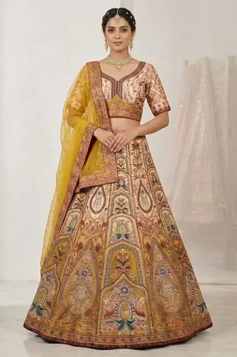 yellow silk blend printed lehenga choli