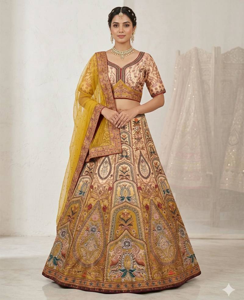 yellow silk blend printed lehenga choli