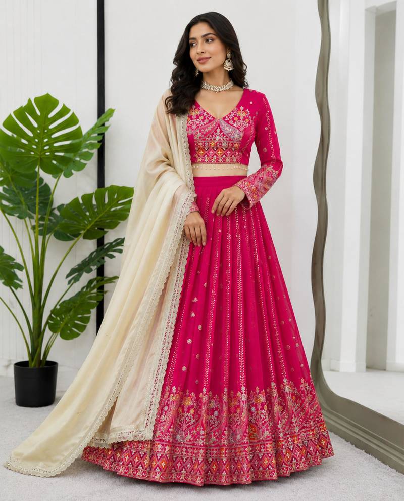 pink georgette embroidered lehenga choli