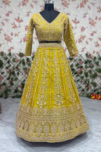 yellow net embroidered lehenga choli