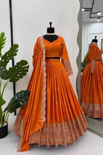 orange silk blend embroidered lehenga choli
