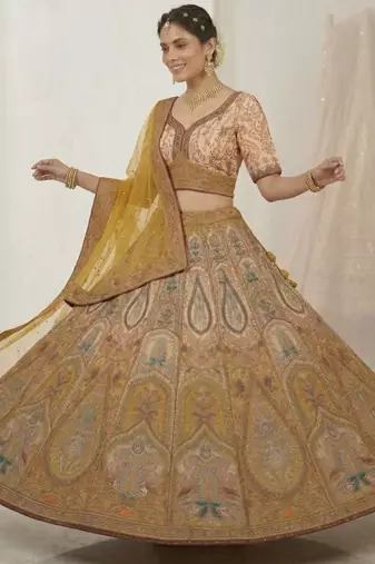 yellow silk blend printed lehenga choli