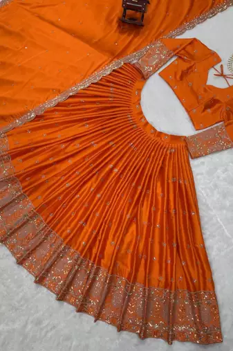 orange silk blend embroidered lehenga choli