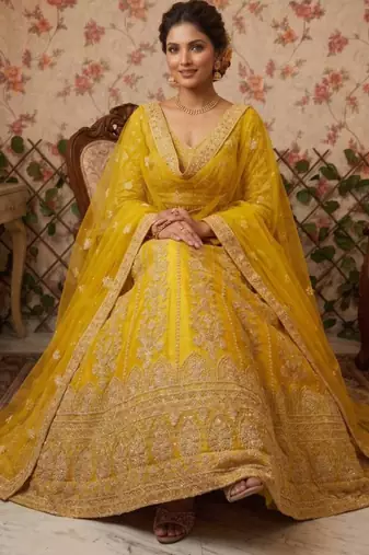 yellow net embroidered lehenga choli