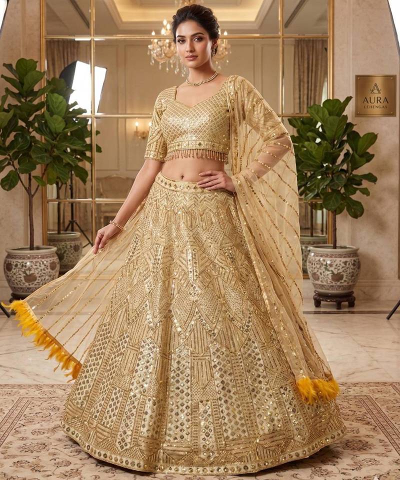 gold net embroidered lehenga choli
