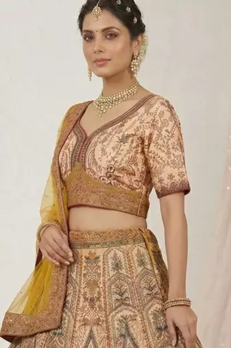 yellow silk blend printed lehenga choli