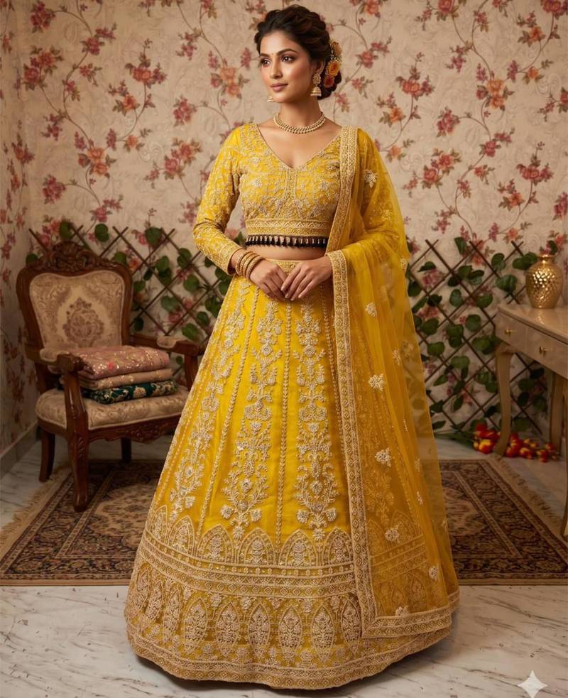 yellow net embroidered lehenga choli