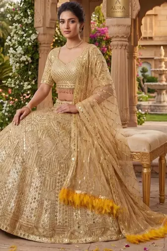 gold net embroidered lehenga choli
