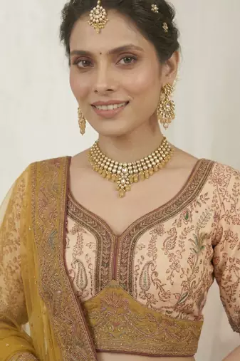 yellow silk blend printed lehenga choli