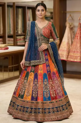 multicolor silk blend printed lehenga choli