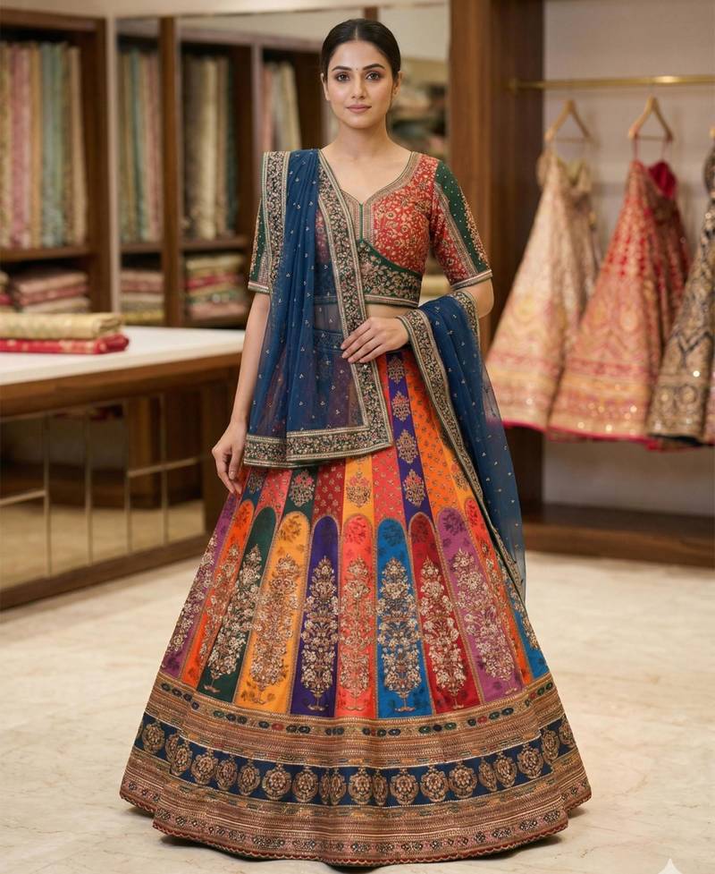 multicolor silk blend printed lehenga choli