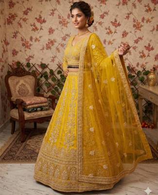 yellow net embroidered lehenga choli 4