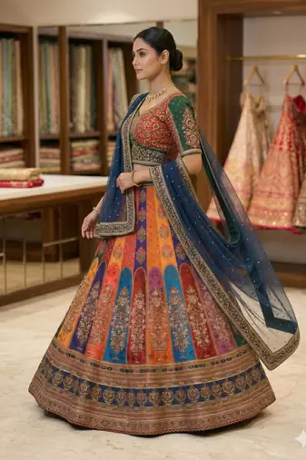 multicolor silk blend printed lehenga choli