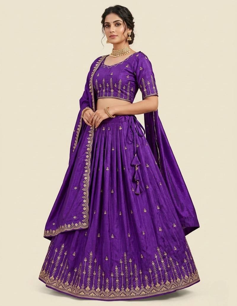 purple silk blend plain lehenga choli