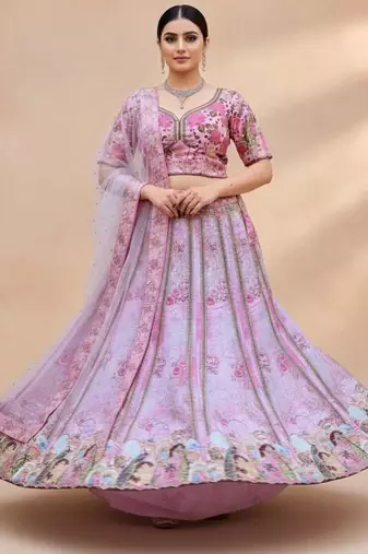 pink silk blend printed lehenga choli