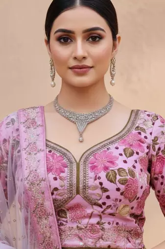 pink silk blend printed lehenga choli