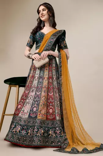 multicolor silk blend printed lehenga choli