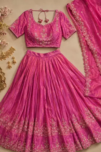 rani pink silk blend embroidered lehenga choli