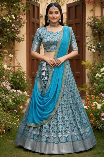 blue art silk plain lehenga choli