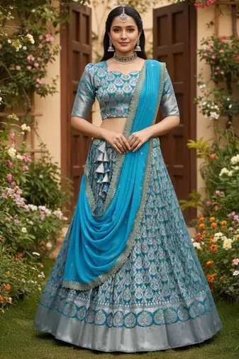 blue art silk plain lehenga choli