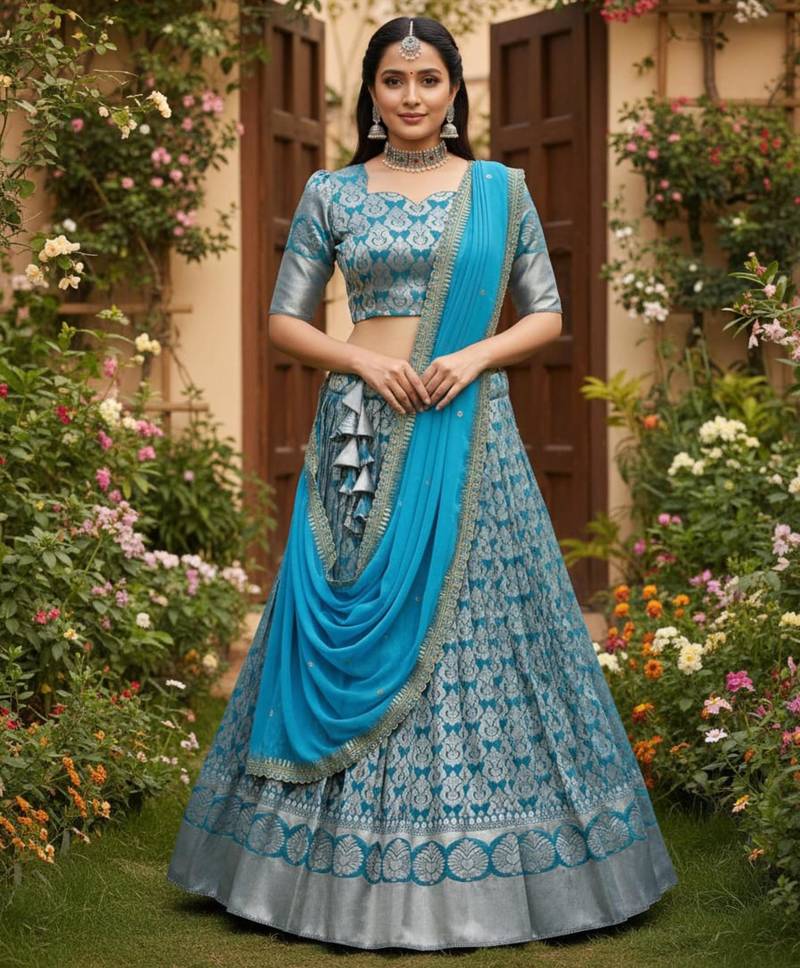 blue art silk plain lehenga choli