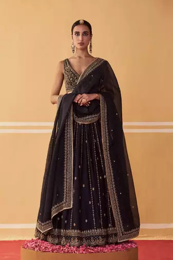 Black Crepe Silk Sequins Lehenga Set For Women's 