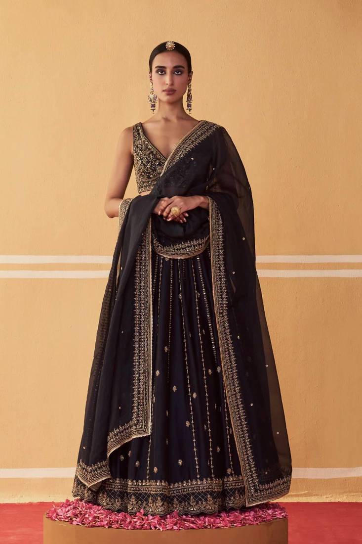 Black Crepe Silk Sequins Lehenga Set For Women's 