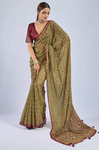 Mustard chiffon ajrak printed saree with unstitched blouse
