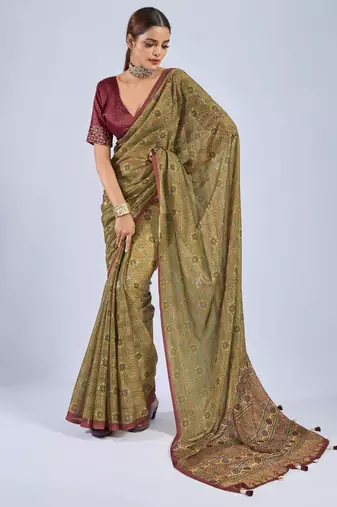 Mustard chiffon ajrak printed saree with unstitched blouse