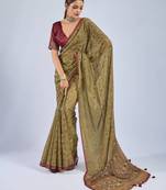 Mustard chiffon ajrak printed saree with unstitched blouse