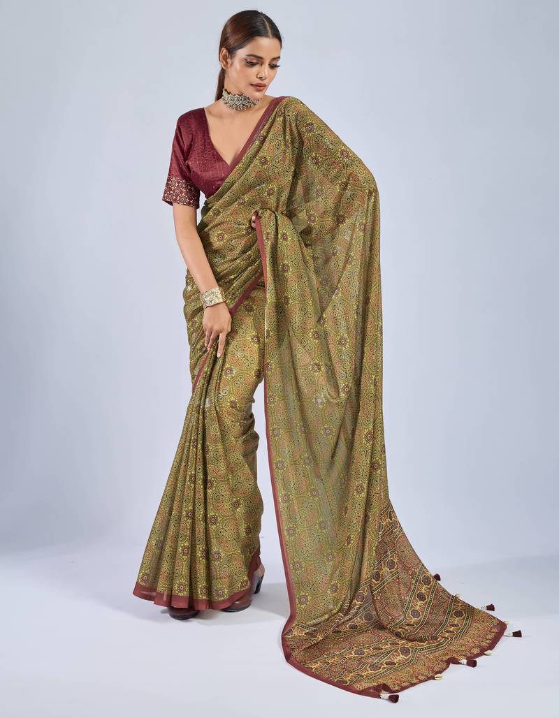 Mustard chiffon ajrak printed saree with unstitched blouse