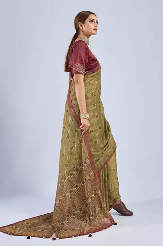 Mustard chiffon ajrak printed saree with unstitched blouse