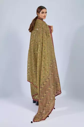 Mustard chiffon ajrak printed saree with unstitched blouse