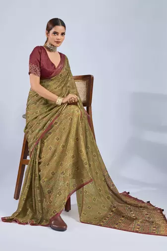 Mustard chiffon ajrak printed saree with unstitched blouse